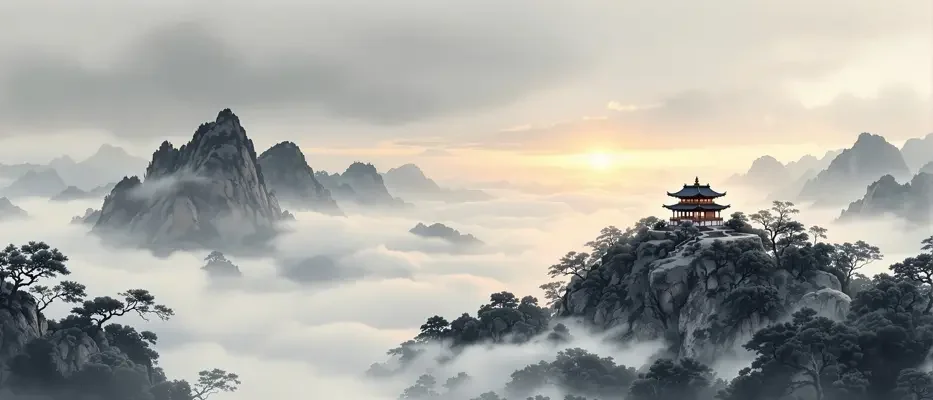黄豆短剧 国风卷轴意象横幅：墨绿远山与象牙白卷轴